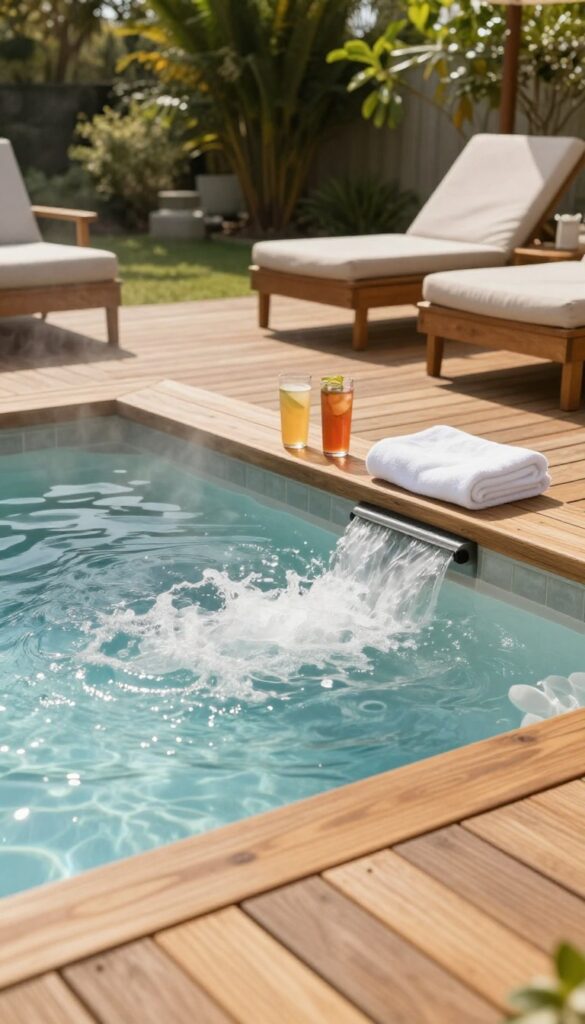 Sunken jacuzzi built flush into a warm wood backyard deck with bubbling water, soft steam, and lounge seating in bright natural light