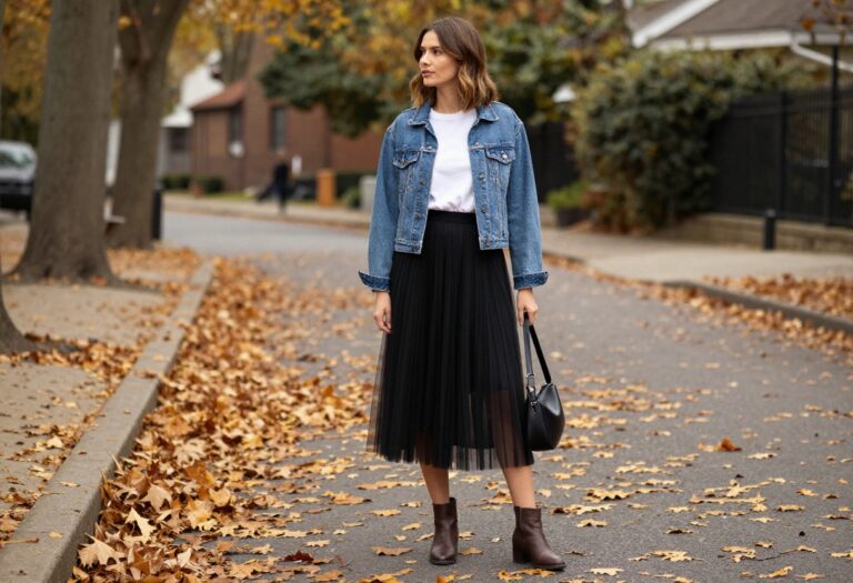 Woman wearing a black tulle skirt with a denim jacket and ankle boots for a casual autumn outfit.