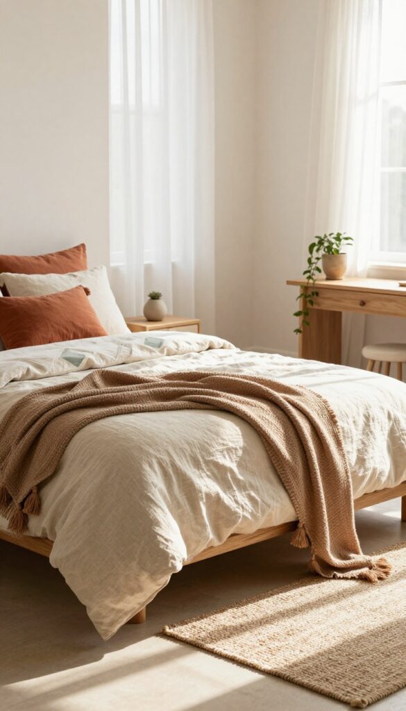 Bright boho bedroom with relaxed layered bedding in earthy neutral tones, casually draped throw, and tasseled textured pillows in natural sunlight