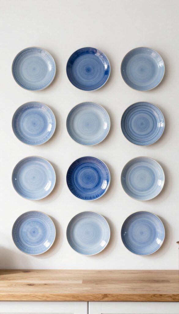 A bright kitchen wall decorated with a cohesive arrangement of blue-and-white decorative plates in mixed sizes, styled in a slightly organic layout with natural light.