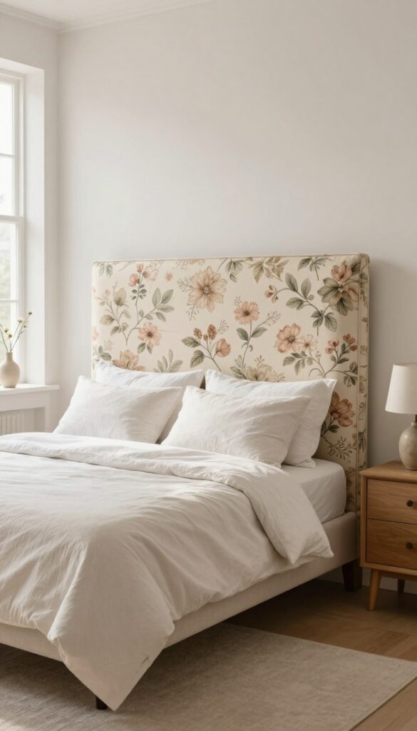 Neutral bedroom with a tall floral upholstered headboard as the calm focal point, styled with simple white bedding in bright natural light.