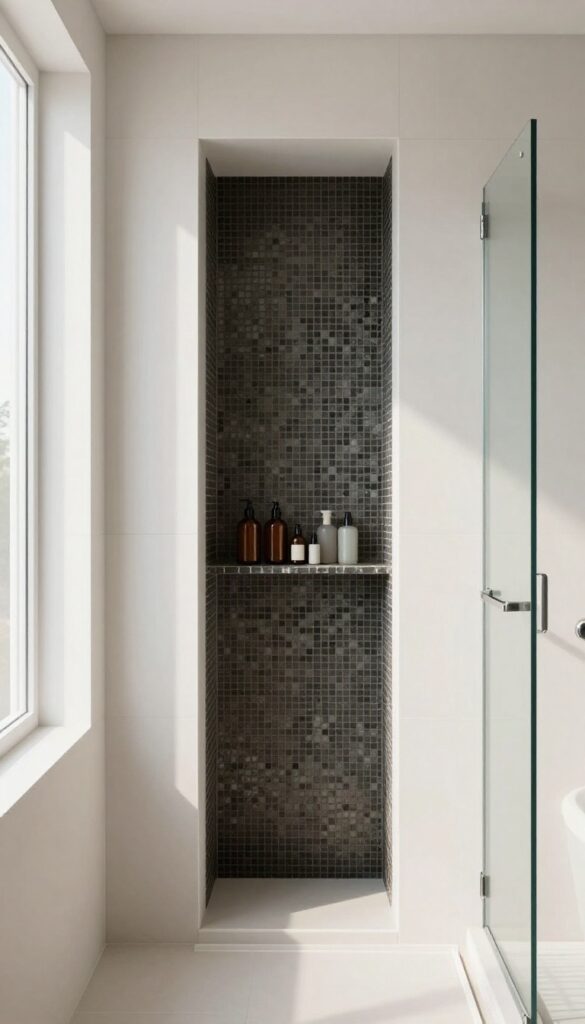 Bright spa shower with a recessed built-in wall niche holding neatly arranged bottles flush with the tile