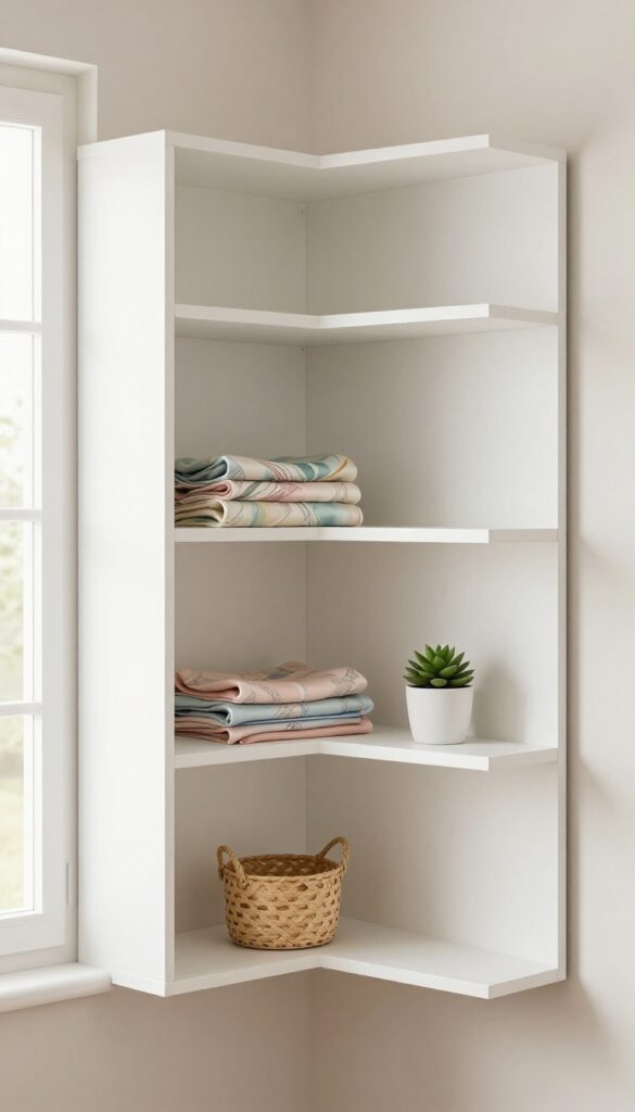 Custom white triangular corner shelves fitted into a small bedroom cupboard corner, holding neatly spaced small accessories in bright natural light.