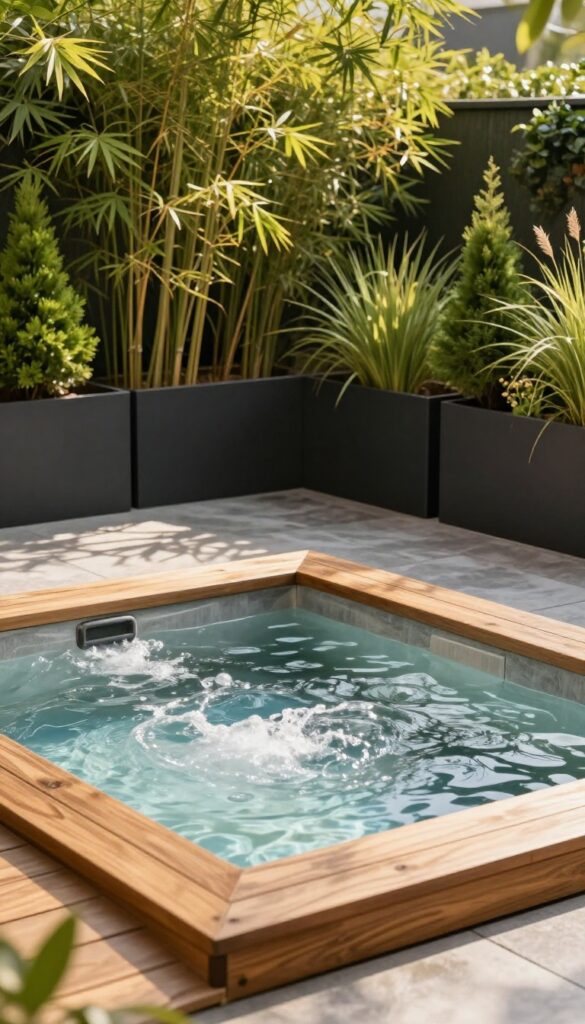 Outdoor jacuzzi nestled in a patio corner behind a tall wall of black planters filled with bamboo and lush greenery for natural privacy