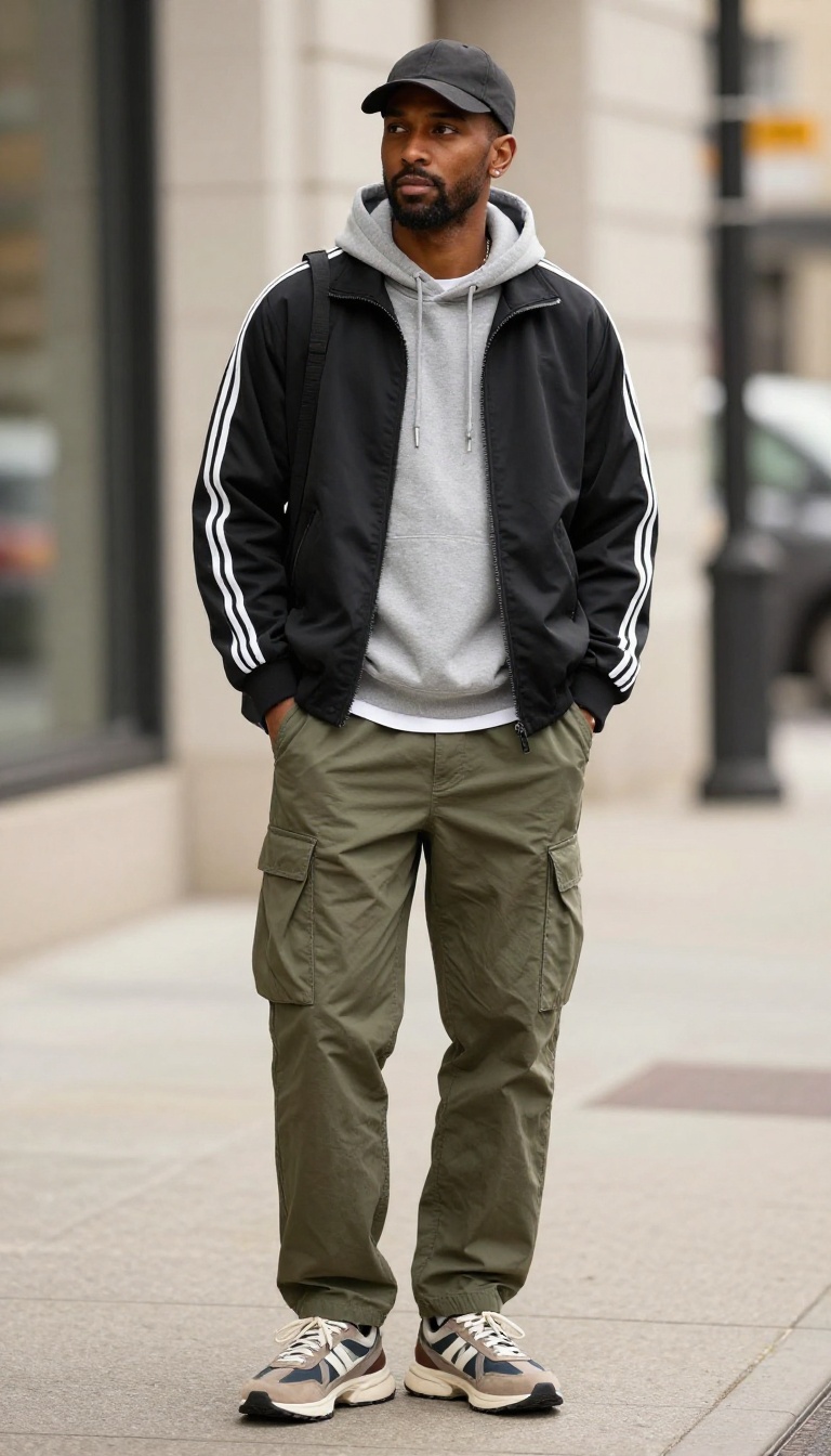 2. Track Jacket Over a Hoodie and Cargo Pants