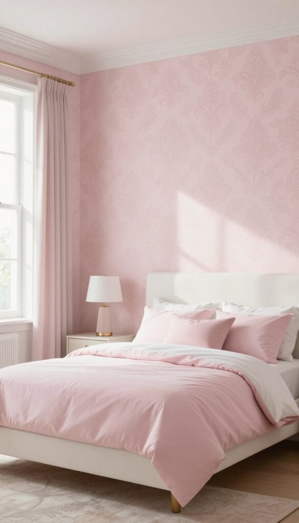 Bright pink princess bedroom with a subtle patterned blush wallpaper feature wall behind a white headboard and soft pink bedding, styled with minimal elegant decor in natural light.