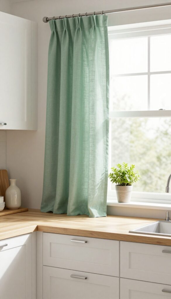 Bright white kitchen window styled with soft sage green linen curtains, a small potted plant, a simple vase, and light wood accents in natural daylight
