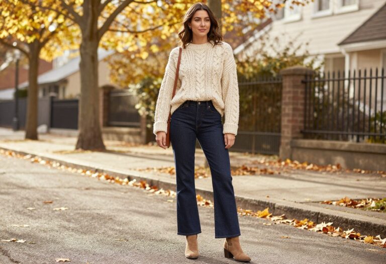 Woman wearing a cream cable-knit sweater and dark flared jeans with tan ankle boots, standing on an autumn street.