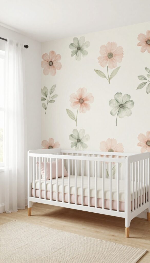 Modern baby girl nursery with an oversized airy floral accent wall behind a white crib, neutral surrounding walls, and bright natural light