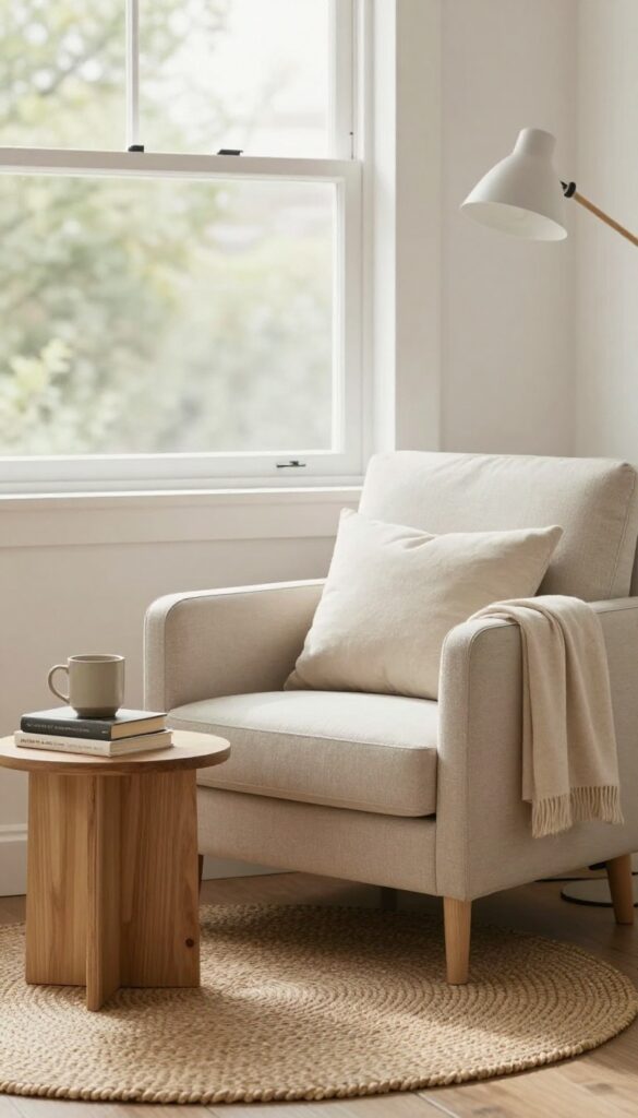 Cozy bedroom corner reading nook with a comfortable armchair, throw blanket, slim side table, floor lamp, and natural light