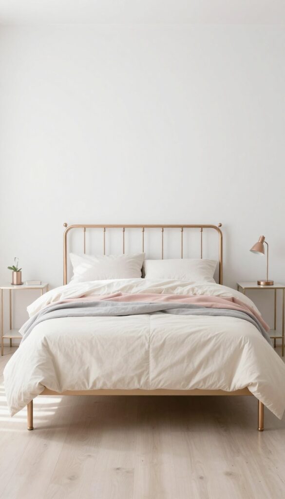 Bright bedroom with a minimal rose gold metal bed frame as the focal point, styled with neutral bedding and matching rose gold bedside lamps.