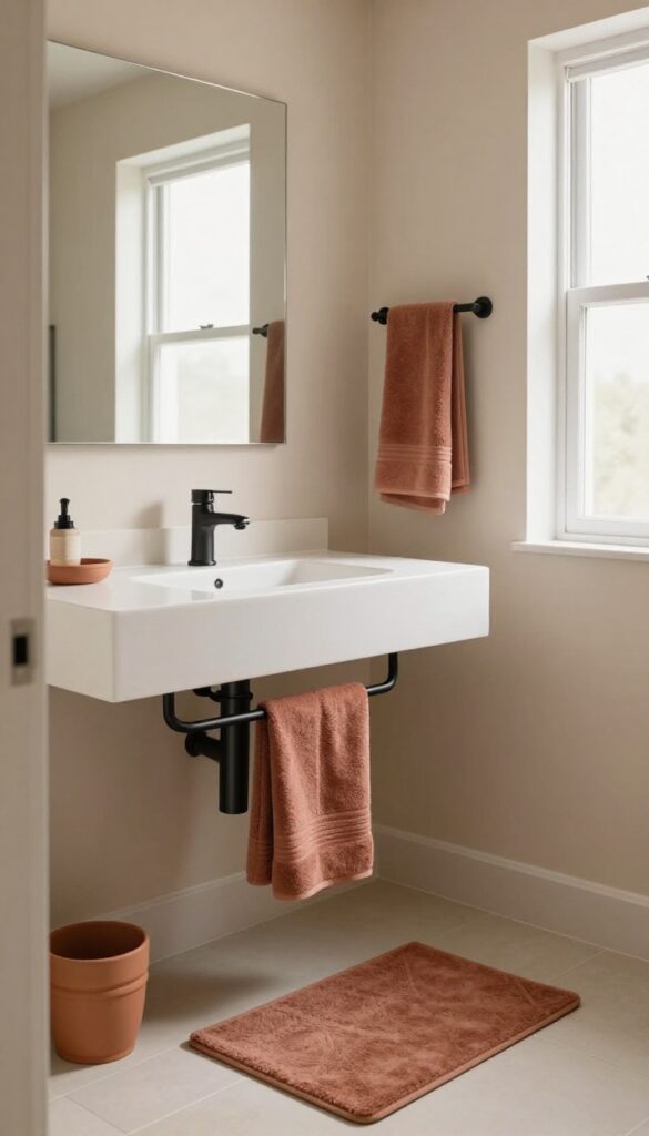 Bright small bathroom with a neutral beige and white palette, matte finishes, and a single terracotta accent towel and bath mat for a calm, clean look.