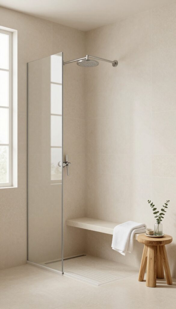 Bright open walk-in shower with a built-in tiled bench seat, chrome rain showerhead, teak stool, and natural light in a spa-like bathroom.