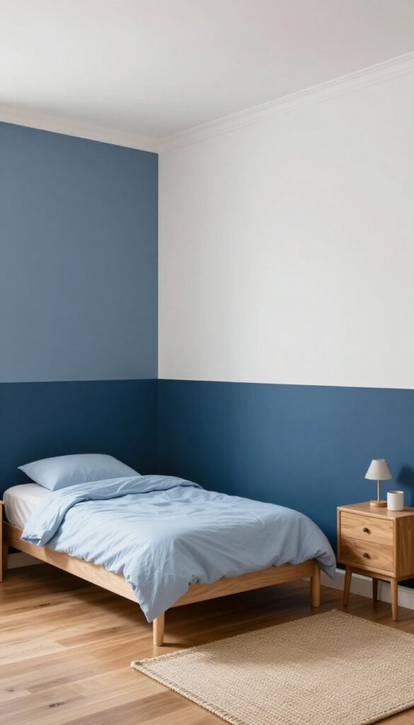 A small boy's bedroom with two-tone navy and white walls, a twin bed with light blue bedding, and bright natural light.