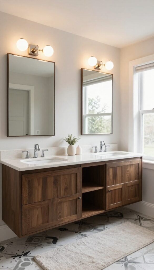 Bright luxury bathroom with a double sink vanity, two mirrors, warm lights above them, dark wood cabinets, and patterned tile floor.