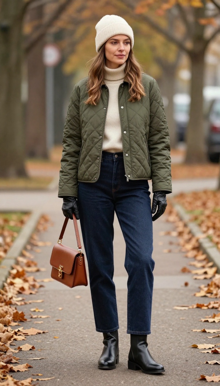 11. Straight Jeans with a Quilted Jacket and Leather Gloves