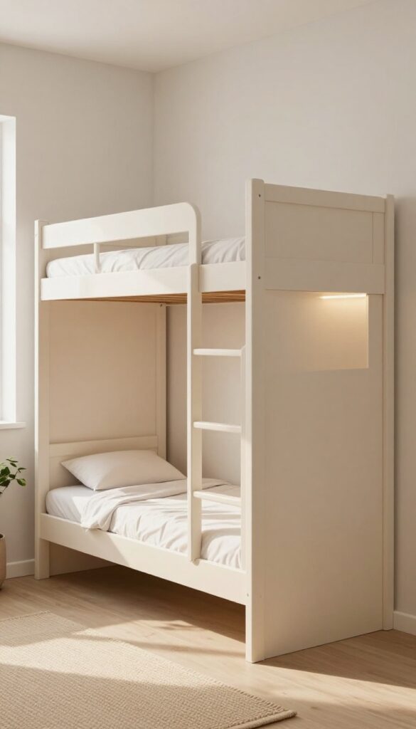 Bright small bedroom with a double deck bed that has a built-in wardrobe on one side, matching neutral doors, slim handles, and soft interior lighting.