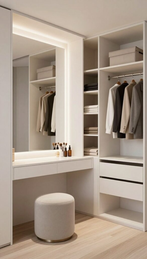 Bright modern walk-in closet with a small vanity desk, stool, mirror, and LED strip lighting, surrounded by neatly organized clothing and drawers