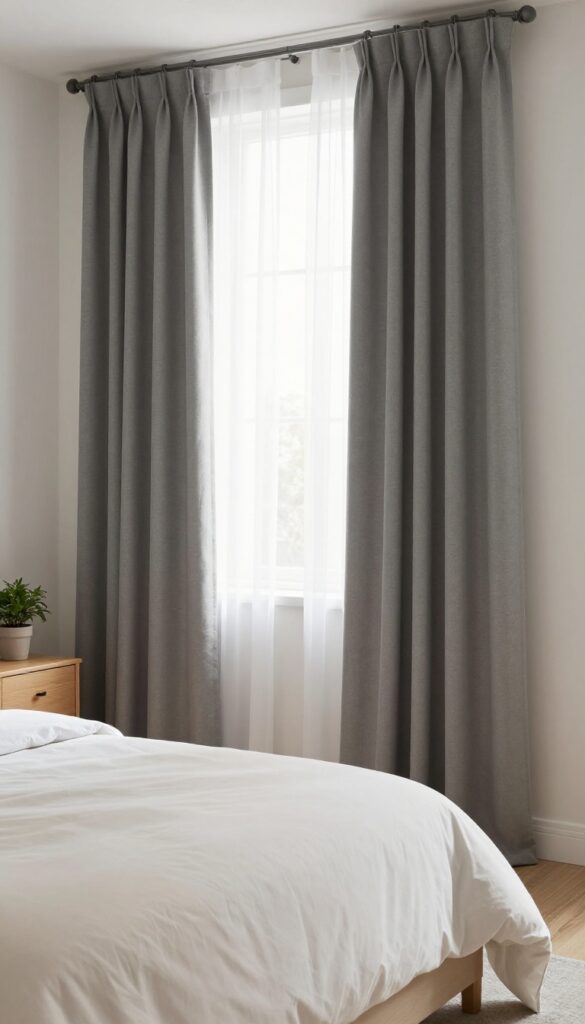Bright bedroom with soft gray floor-length curtains layered over white sheers, styled with white and beige bedding in natural light