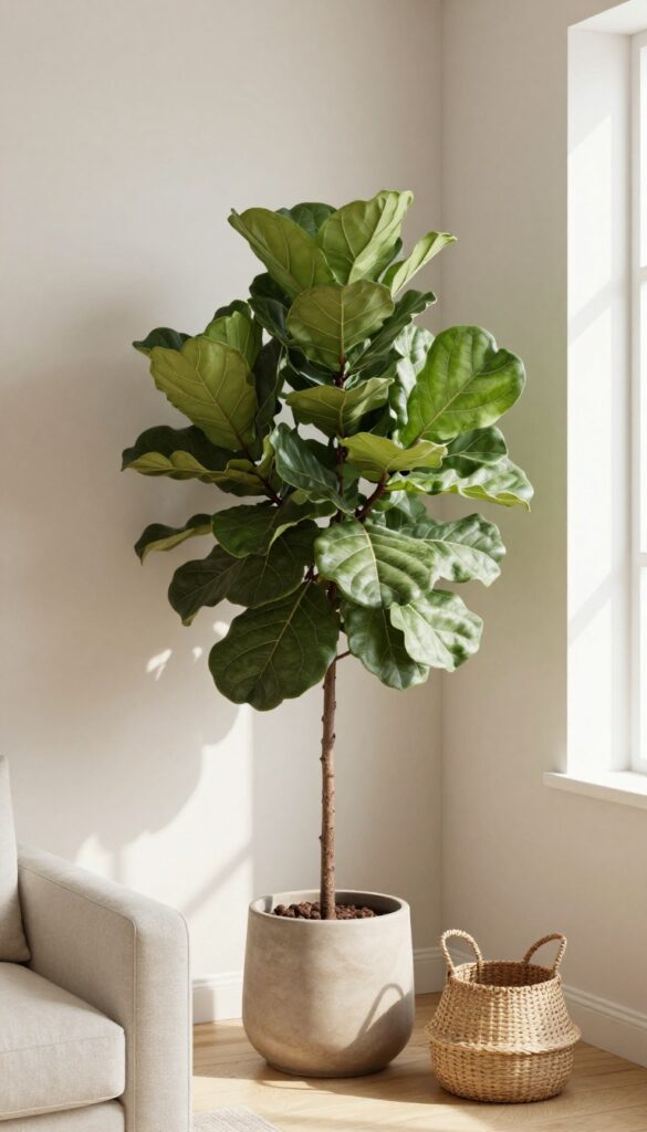 Tall fiddle leaf fig in a matte ceramic pot placed slightly forward in a bright living room corner, filling the vertical space with green leaves and a woven basket nearby.