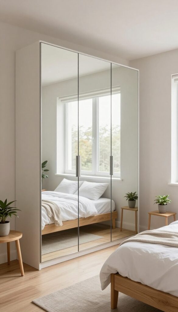 Small bright bedroom with a built-in wardrobe with full-length mirrored doors reflecting window light and making the compact room feel larger and more open