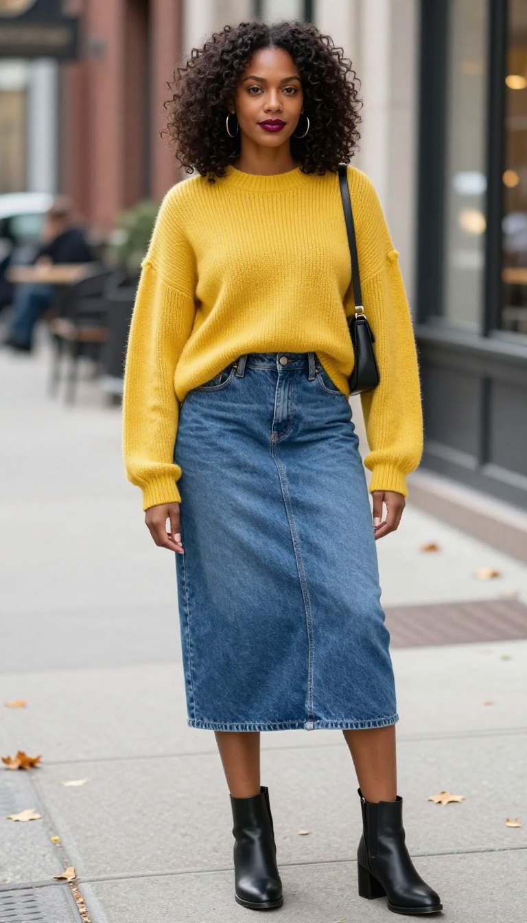 4. Denim Skirt with an Oversized Sweater and Ankle Boots
