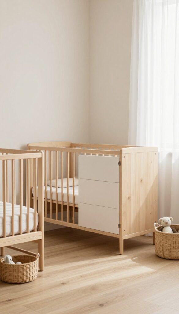 Bright neutral shared nursery with a convertible crib, simple wooden dresser, glider chair, and a small toddler bed, styled for flexible transitions as the baby grows.