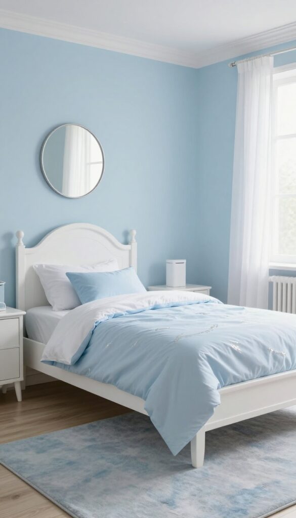 Soft powder blue Cinderella-inspired kids bedroom with a white curved bed frame, silver accents, and bright natural light