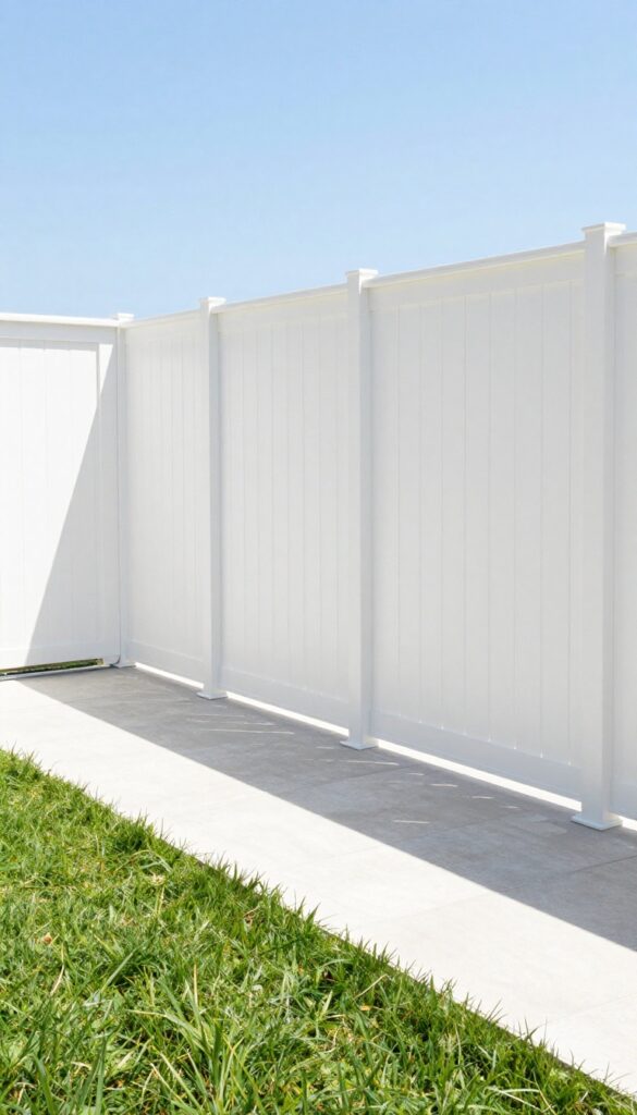 A modern backyard deck with decorative white laser-cut screen panel skirting featuring geometric patterns and ventilation gaps, surrounded by green grass in bright natural light.