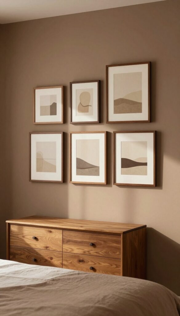 Cozy brown bedroom wall with a gallery of warm brown wooden frames holding neutral artwork, hung at eye level above wooden furniture in bright natural light.