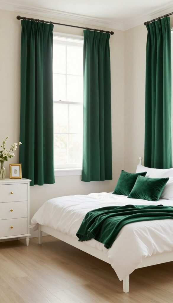 Bright neutral child's bedroom with emerald green velvet pillows, green curtains, white bedding and furniture, and gold accents in natural light.