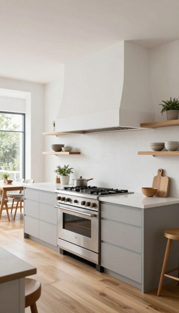 Bright open kitchen with a tall white plaster statement range hood above a stainless steel range, simple light gray cabinets, wood floating shelves, and an island with a wooden stool in natural daylight