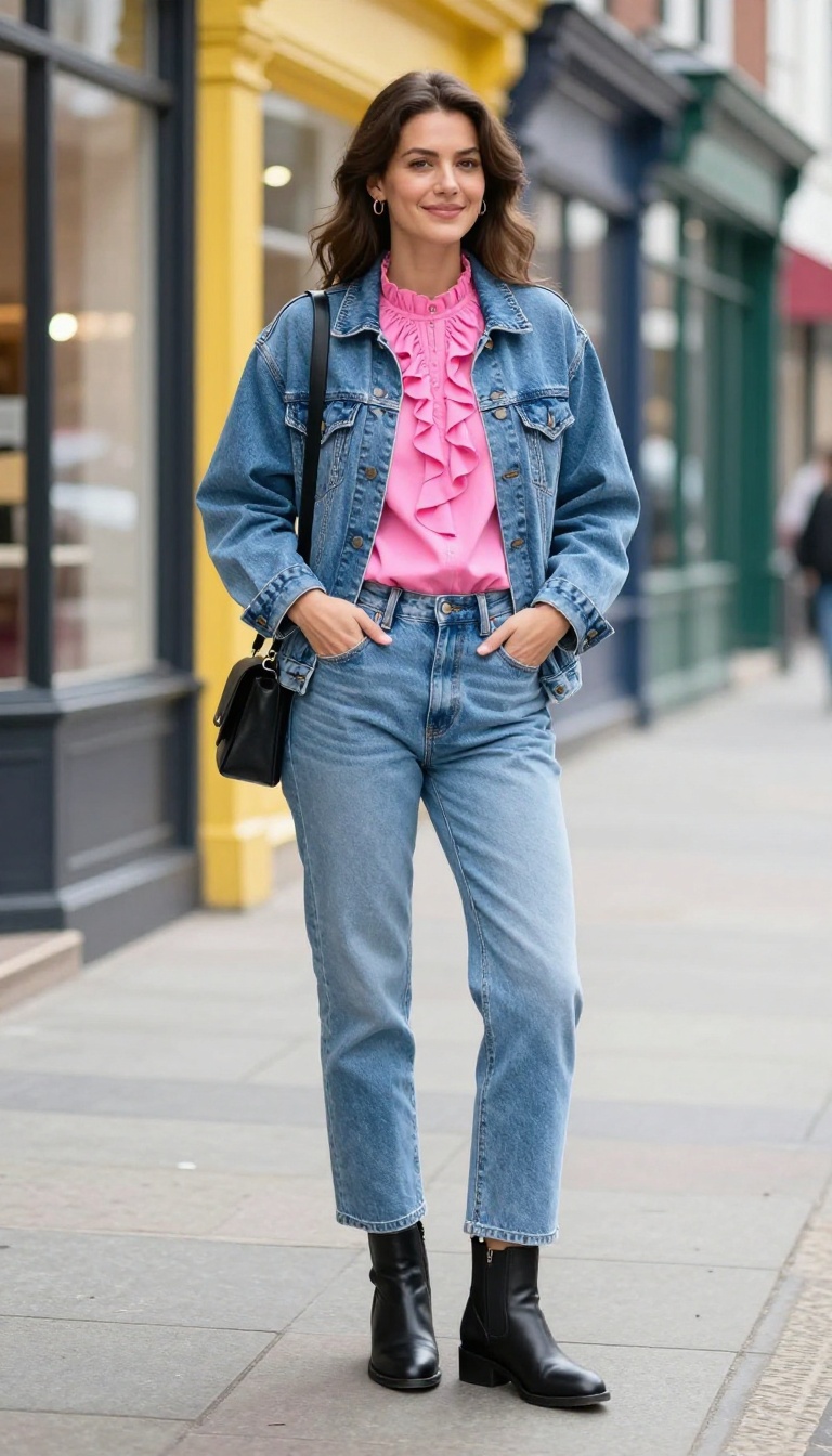 3. Acid-Wash Denim Jacket Over a Ruffled Blouse