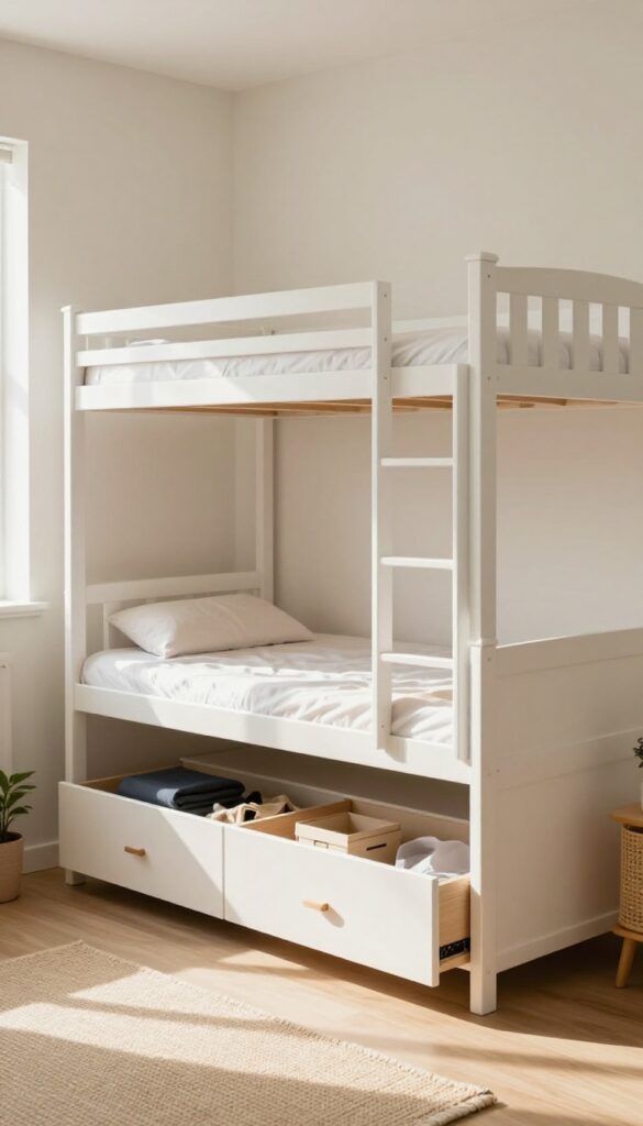 White bunk bed with built-in storage drawers underneath, partially open to show folded clothes and storage boxes in a bright small bedroom with natural light.