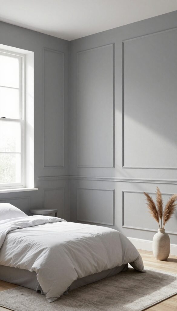 Bright grey bedroom with textured panel molding accent wall, simple bedding, and natural light highlighting shadow and depth.