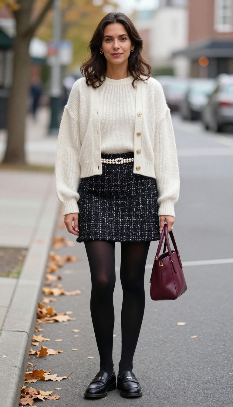 7. Tweed Mini Skirt with a Pearl-Embellished Belt and Cardigan