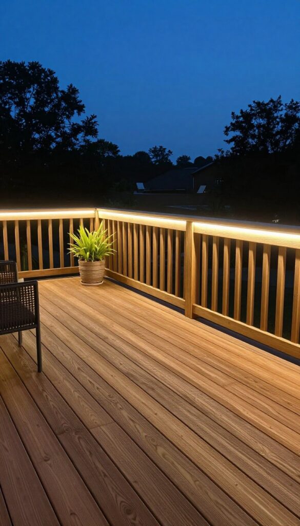 Wooden deck railing with hidden warm white LED strip lighting glowing softly onto the deck floor at dusk, creating a cozy perimeter glow with lounge chairs in the background