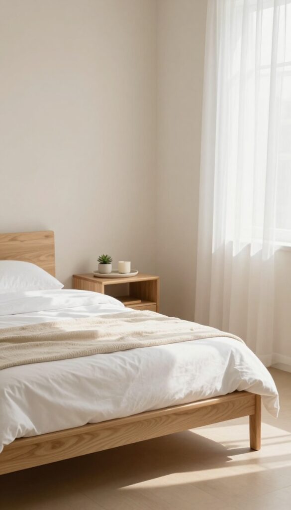Bright minimalist small bedroom with a neatly made white bed, clear surfaces, and a single tray of small decor items in soft natural light
