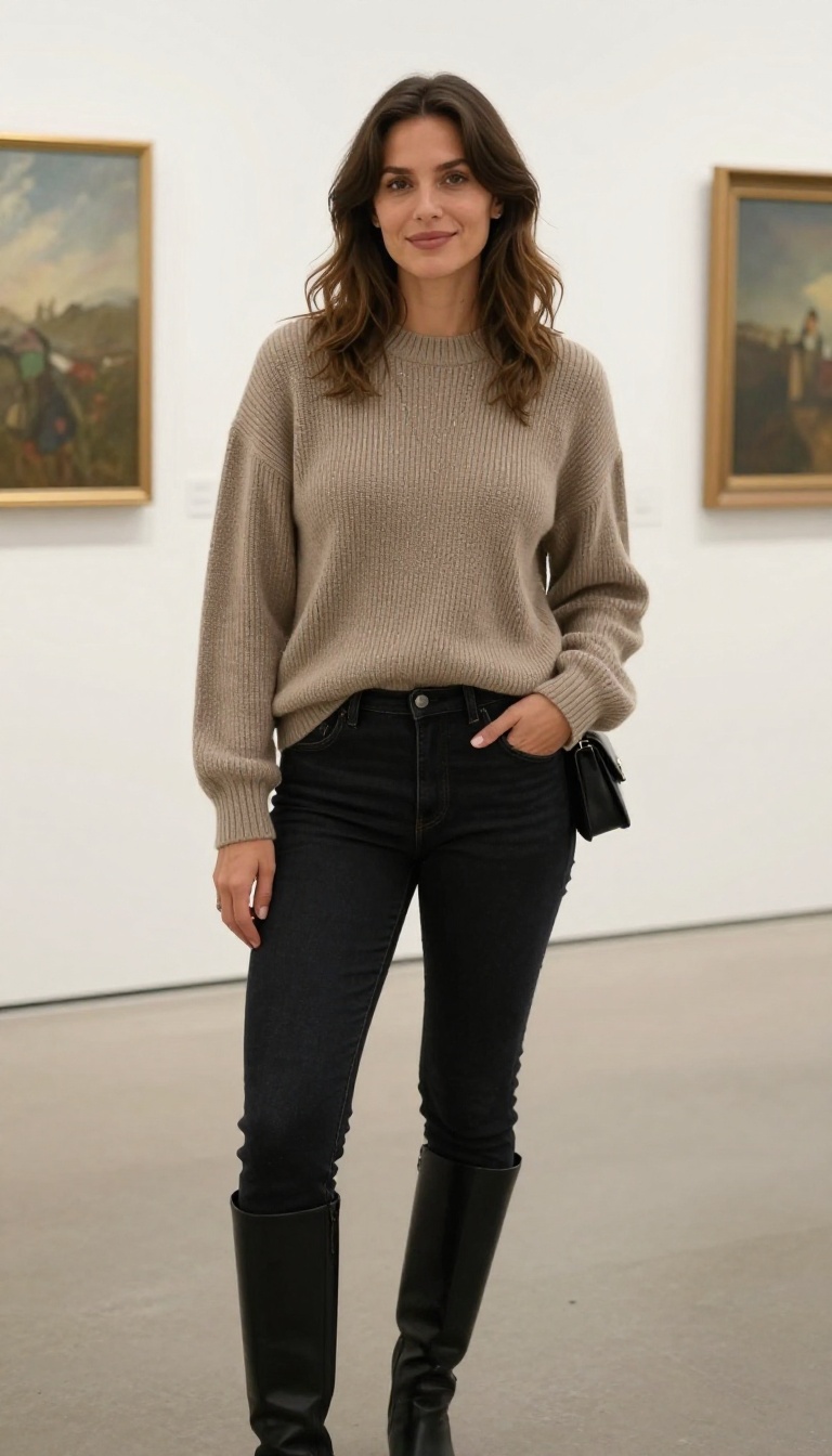 14. Sweater Dress Over Jeans with Tall Boots