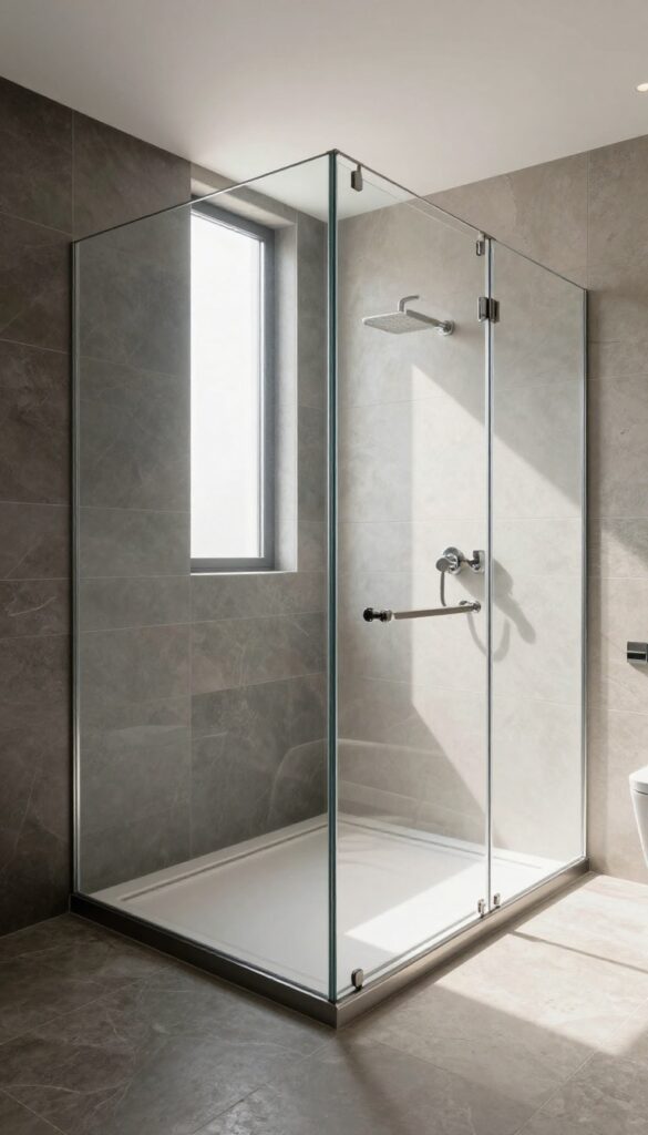 Modern walk-in shower with two-tone tile design featuring a darker lower half and lighter upper half in complementary colors, separated by a clean horizontal transition line with aligned grout lines.