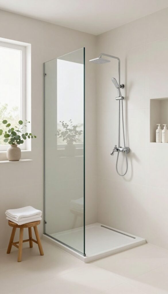 Bright small bathroom with a walk-in shower enclosed by a clear frameless glass panel, light large-format tile, and a recessed niche, making the space feel open and modern