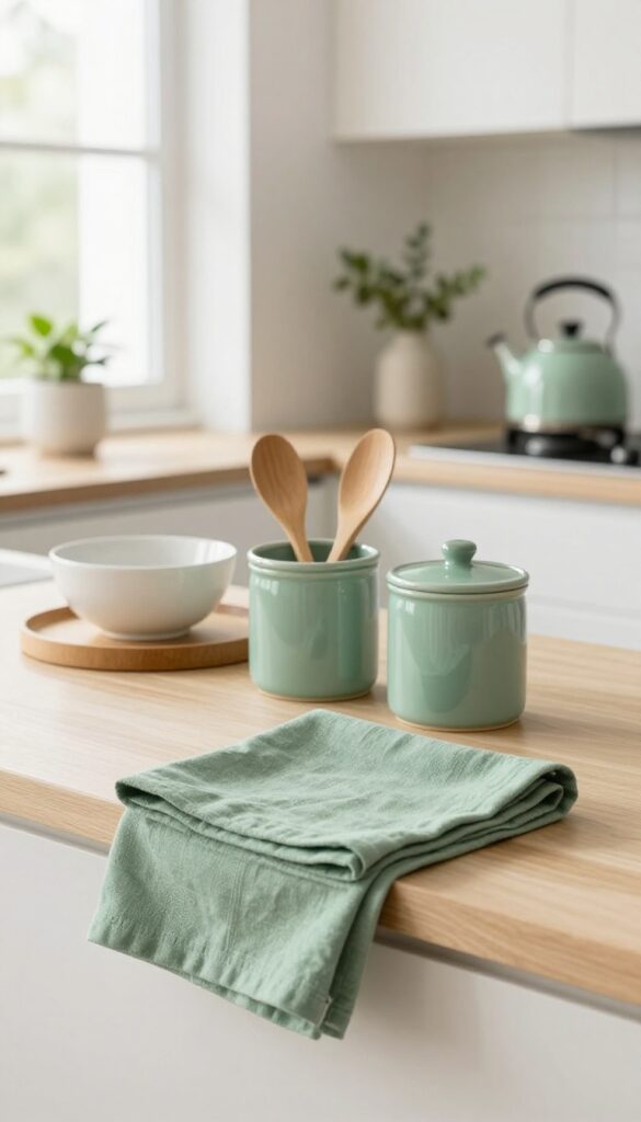 Sage green kitchen accents including dish towels, canisters, a utensil holder, and a kettle styled on a bright counter with wood and white neutrals.