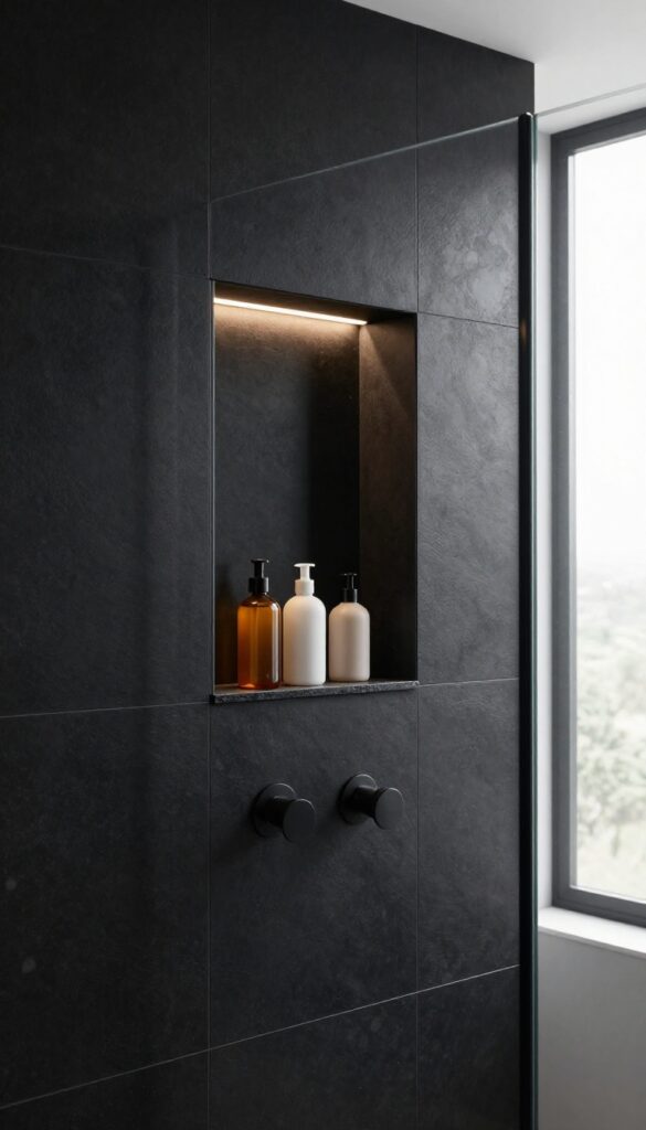 Modern black walk-in shower with a recessed built-in niche lined in black tile, softly lit and holding a few neatly arranged bottles, with bright natural light and clean minimalist styling