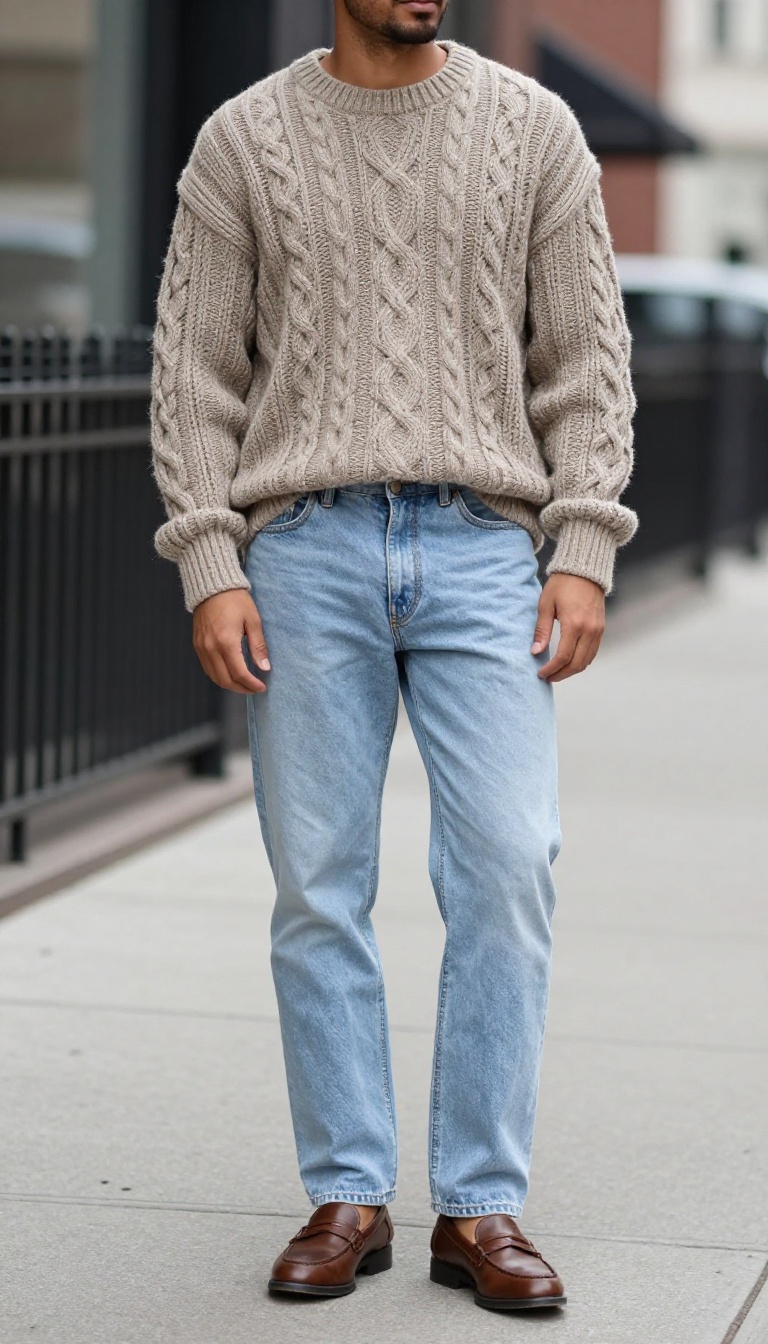 15. Knit Sweater with Baggy Jeans and Loafers