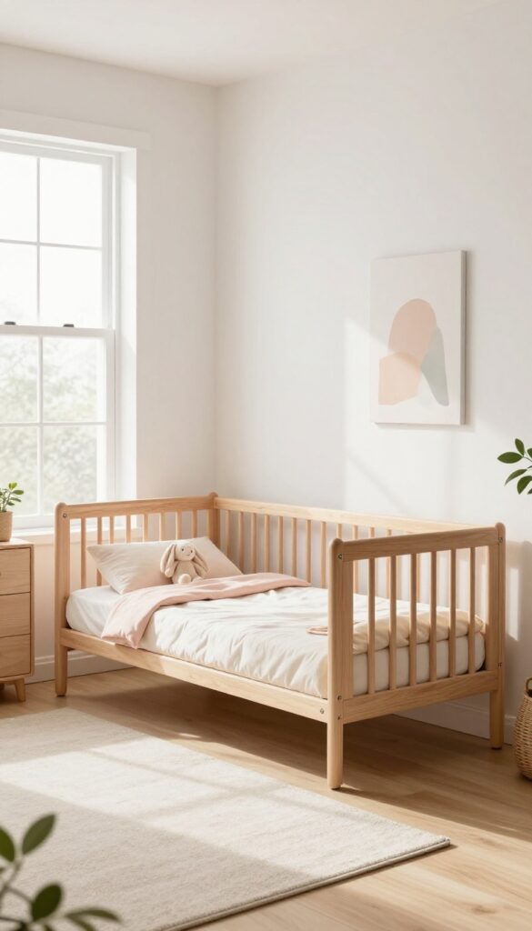 Bright baby girl nursery with a natural wood convertible crib styled as a toddler bed, matching dresser, blush and cream bedding, and soft daylight from a nearby window.