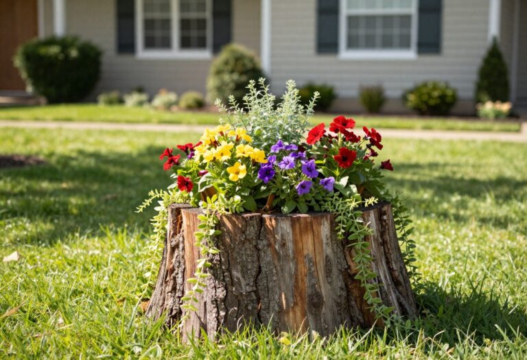 Rustic tree stump planter filled with bright flowers in a sunny front yard