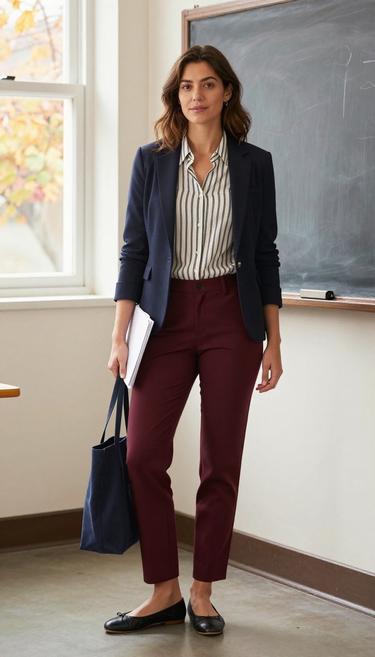 3. Burgundy Ponte Pants with a Striped Shirt