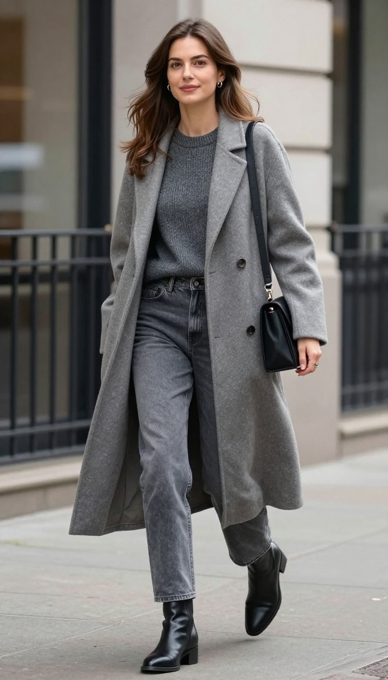 4. Grey Jeans with a Monochrome Knit and Longline Coat