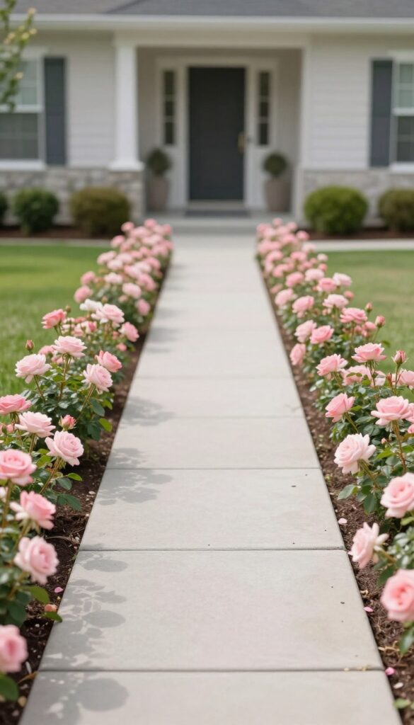 Symmetrical rows of matching blush pink rose bushes lining both sides of a concrete front walkway leading to a house in bright natural light
