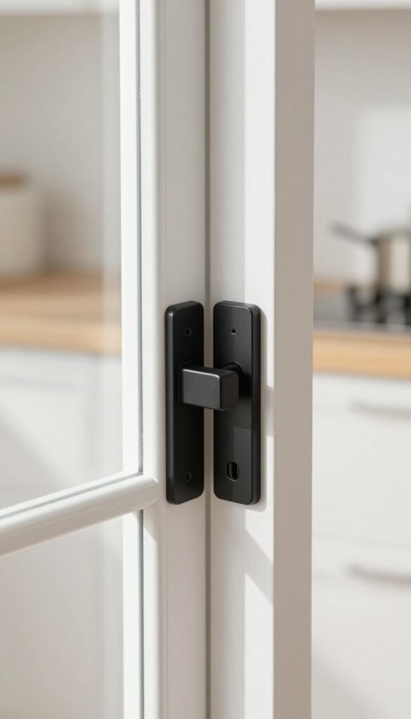 Close-up of modern matte black window latch hardware on a white kitchen window frame with bright natural light